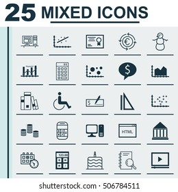 Set Of 25 Universal Editable Icons. Can Be Used For Web, Mobile And App Design. Includes Icons Such As Desktop Computer, Video Player, Measurement And More.