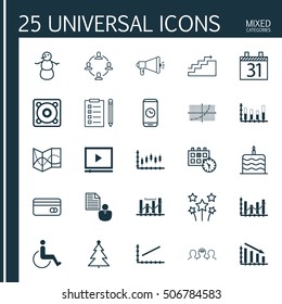 Set Of 25 Universal Editable Icons. Can Be Used For Web, Mobile And App Design. Includes Icons Such As Reminder, Accessibility, Video Player And More.