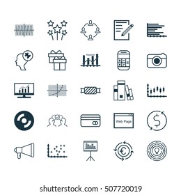 Set Of 25 Universal Editable Icons. Can Be Used For Web, Mobile And App Design. Includes Icons Such As Cooperation, Line Grid, Currency Recycle And More.
