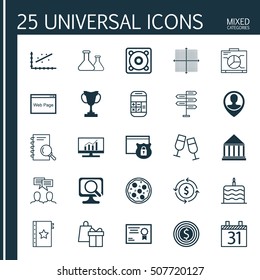 Set Of 25 Universal Editable Icons. Can Be Used For Web, Mobile And App Design. Includes Icons Such As Certificate, Calculation, Pizza Meal And More.