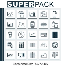 Set Of 25 Universal Editable Icons. Can Be Used For Web, Mobile And App Design. Includes Icons Such As Pizza Meal, Financial, Profit Graph And More.