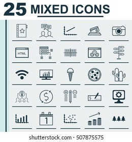 Set Of 25 Universal Editable Icons. Can Be Used For Web, Mobile And App Design. Includes Icons Such As Discussion, Wireless, Cosinus Diagram And More.