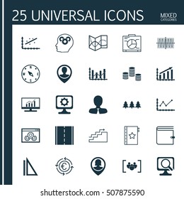 Set Of 25 Universal Editable Icons. Can Be Used For Web, Mobile And App Design. Includes Icons Such As Changes Graph, Locate, Growth And More.