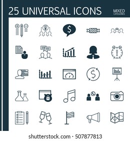 Set Of 25 Universal Editable Icons. Can Be Used For Web, Mobile And App Design. Includes Icons Such As Crotchets, Discussion, Presentation And More.
