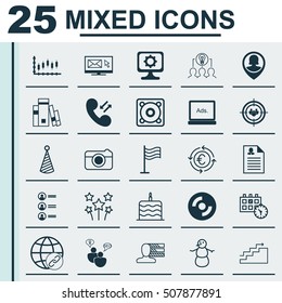 Set Of 25 Universal Editable Icons. Can Be Used For Web, Mobile And App Design. Includes Icons Such As Festive Fireworks, Celebration Cake, Library And More.