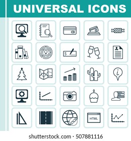 Set Of 25 Universal Editable Icons. Can Be Used For Web, Mobile And App Design. Includes Icons Such As Birthday Cake, Curriculum Vitae, Library And More.