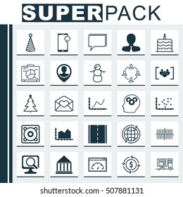Set Of 25 Universal Editable Icons. Can Be Used For Web, Mobile And App Design. Includes Icons Such As Collaboration, Achievement Graph, Birthday Hat And More.