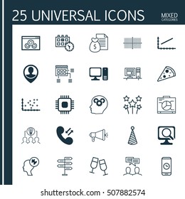 Set Of 25 Universal Editable Icons. Can Be Used For Web, Mobile And App Design. Includes Icons Such As Website Performance, Champagne Glasses, Human Mind And More.