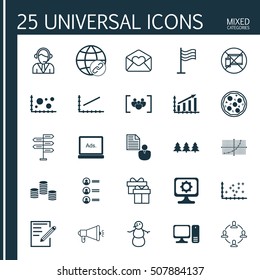 Set Of 25 Universal Editable Icons. Can Be Used For Web, Mobile And App Design. Includes Icons Such As Desktop Computer, Opportunity, Pizza Meal And More.