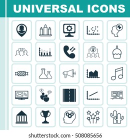 Set Of 25 Universal Editable Icons. Can Be Used For Web, Mobile And App Design. Includes Icons Such As Birthday Cake, Tournament, Crotchets And More.