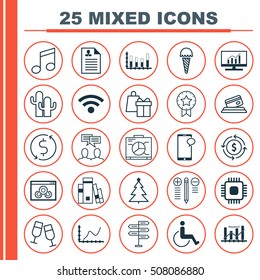 Set Of 25 Universal Editable Icons. Can Be Used For Web, Mobile And App Design. Includes Icons Such As Board, Cacti, Champagne Glasses And More.