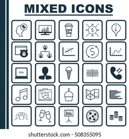 Set Of 25 Universal Editable Icons. Can Be Used For Web, Mobile And App Design. Includes Icons Such As Crotchets, Money, Market Research And More.