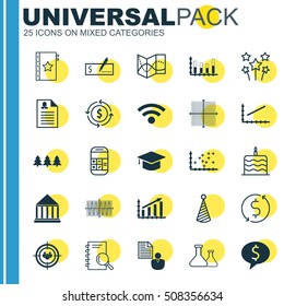 Set Of 25 Universal Editable Icons. Can Be Used For Web, Mobile And App Design. Includes Icons Such As Graduation, Report, Festive Fireworks And More.