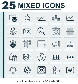 Set Of 25 Universal Editable Icons. Can Be Used For Web, Mobile And App Design. Includes Icons Such As Currency Recycle, Keyword Optimisation, Holiday Ornament And More.