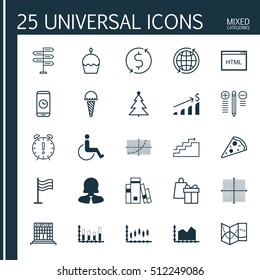 Set Of 25 Universal Editable Icons. Can Be Used For Web, Mobile And App Design. Includes Icons Such As Airport Construction, Decorated Tree, Successful Investment And More.
