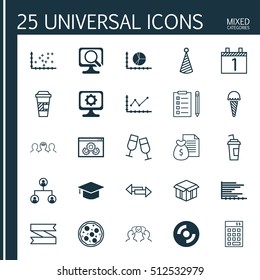Set Of 25 Universal Editable Icons. Can Be Used For Web, Mobile And App Design. Includes Icons Such As PC, Takeaway Coffee, Agenda And More.
