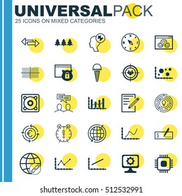 Set Of 25 Universal Editable Icons. Can Be Used For Web, Mobile And App Design. Includes Icons Such As Music, Bank Payment, Changes Graph And More.