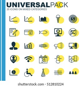 Set Of 25 Universal Editable Icons. Can Be Used For Web, Mobile And App Design. Includes Icons Such As PC, Forbidden Mobile, Business Goal And More.