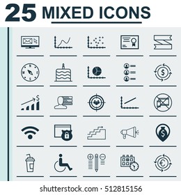 Set Of 25 Universal Editable Icons. Can Be Used For Web, Mobile And App Design. Includes Icons Such As Wireless, Achievement Graph, Currency Recycle And More.
