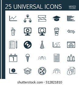 Set Of 25 Universal Editable Icons. Can Be Used For Web, Mobile And App Design. Includes Icons Such As Plot Diagram, Laptop, Birthday Hat And More.