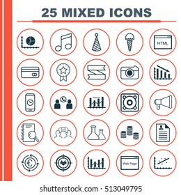Set Of 25 Universal Editable Icons. Can Be Used For Web, Mobile And App Design. Includes Icons Such As Raise Diagram, Announcement, Curriculum Vitae And More.