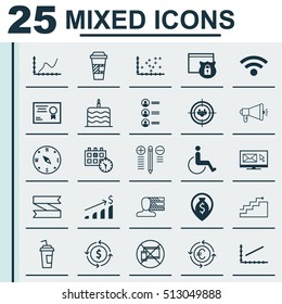 Set Of 25 Universal Editable Icons. Can Be Used For Web, Mobile And App Design. Includes Icons Such As Newsletter, Line Graph, Certificate And More.