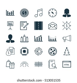 Set Of 25 Universal Editable Icons. Can Be Used For Web, Mobile And App Design. Includes Icons Such As Raise Diagram, Announcement, Photo Camera And More.