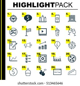 Set Of 25 Universal Editable Icons. Can Be Used For Web, Mobile And App Design. Includes Icons Such As Website, Achievement Graph, Coins Growth And More.