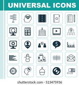 Set Of 25 Universal Editable Icons. Can Be Used For Web, Mobile And App Design. Includes Icons Such As Celebration Cake, Segmented Bar Graph, Laptop And More.