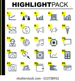 Set Of 25 Universal Editable Icons. Can Be Used For Web, Mobile And App Design. Includes Icons Such As Music, Achievement Graph, Blank Ribbon And More.