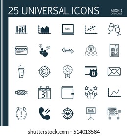 Set Of 25 Universal Editable Icons. Can Be Used For Web, Mobile And App Design. Includes Icons Such As Security, Digital Media, Celebration Letter And More.