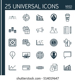 Set Of 25 Universal Editable Icons. Can Be Used For Web, Mobile And App Design. Includes Icons Such As Money, Plot Diagram, Media Campaign And More.