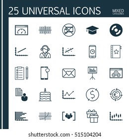 Set Of 25 Universal Editable Icons. Can Be Used For Web, Mobile And App Design. Includes Icons Such As Graduation, Celebration Letter, Loading Speed And More.
