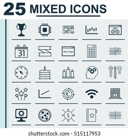 Set Of 25 Universal Editable Icons. Can Be Used For Web, Mobile And App Design. Includes Icons Such As Date, Brain Process, Line Graph And More.