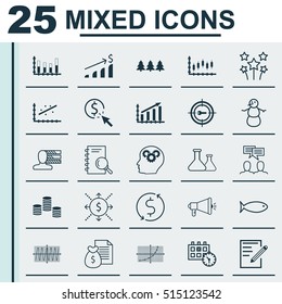 Set Of 25 Universal Editable Icons. Can Be Used For Web, Mobile And App Design. Includes Icons Such As Analytics, Segmented Bar Graph, Festive Fireworks And More.