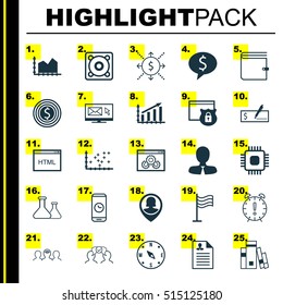 Set Of 25 Universal Editable Icons. Can Be Used For Web, Mobile And App Design. Includes Icons Such As Wallet, Newsletter, Profit Graph And More.