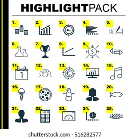 Set Of 25 Universal Editable Icons. Can Be Used For Web, Mobile And App Design. Includes Icons Such As Bars Chart, Crotchets, Tournament And More.