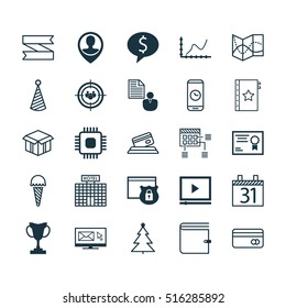 Set Of 25 Universal Editable Icons. Can Be Used For Web, Mobile And App Design. Includes Icons Such As Date, Chip, Video Player And More.
