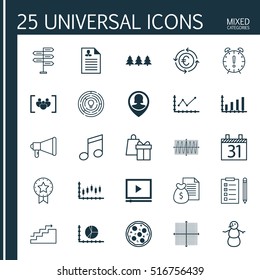 Set Of 25 Universal Editable Icons. Can Be Used For Web, Mobile And App Design. Includes Elements Such As Curriculum Vitae, Dynamics, Holiday Ornament And More.