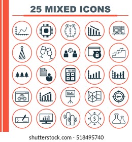 Set Of 25 Universal Editable Icons. Can Be Used For Web, Mobile And App Design. Includes Icons Such As Profit Graph, Champagne Glasses, Raise Diagram And More.