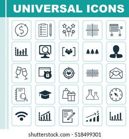 Set Of 25 Universal Editable Icons. Can Be Used For Web, Mobile And App Design. Includes Icons Such As Profit Graph, Wireless, Champagne Glasses And More.