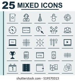 Set Of 25 Universal Editable Icons. Can Be Used For Web, Mobile And App Design. Includes Elements Such As Birthday Hat, Road Map, Social Profile And More.