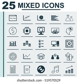 Set Of 25 Universal Editable Icons. Can Be Used For Web, Mobile And App Design. Includes Elements Such As Crotchets, Coins Growth, Phone Conference And More.