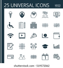 Set Of 25 Universal Editable Icons. Can Be Used For Web, Mobile And App Design. Includes Elements Such As Sliced Pizza, Graphical Grid, Discussion And More.