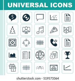 Set Of 25 Universal Editable Icons. Can Be Used For Web, Mobile And App Design. Includes Elements Such As Business Deal, Music, Curriculum Vitae And More.