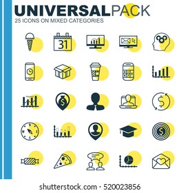 Set Of 25 Universal Editable Icons. Can Be Used For Web, Mobile And App Design. Includes Elements Such As Frozen Food, Segmented Bar Graph, Sliced Pizza And More.