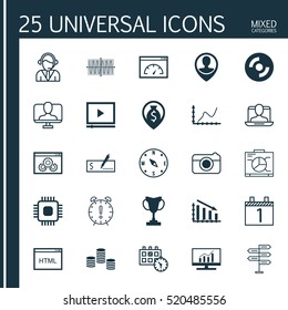 Set Of 25 Universal Editable Icons. Can Be Used For Web, Mobile And App Design. Includes Elements Such As Coding, Money Navigation, Online Identity And More.