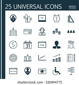 Set Of 25 Universal Editable Icons. Can Be Used For Web, Mobile And App Design. Includes Elements Such As Coding, Holiday Ornament, Coins Growth And More.