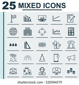 Set Of 25 Universal Editable Icons. Can Be Used For Web, Mobile And App Design. Includes Elements Such As Online Identity, Decorated Tree, Operator And More.