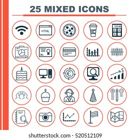 Set Of 25 Universal Editable Icons. Can Be Used For Web, Mobile And App Design. Includes Elements Such As Birthday Hat, Pizza Meal, Coding And More.